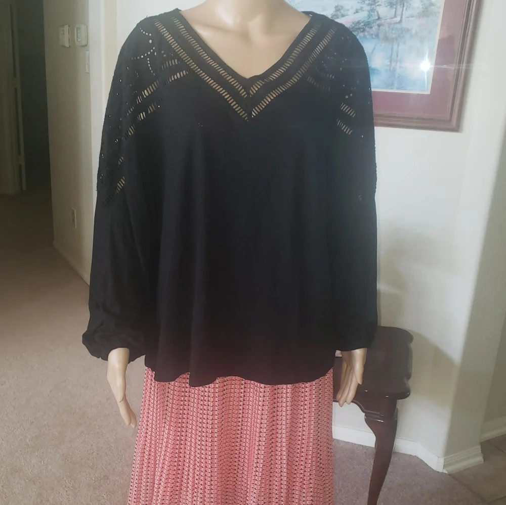 Chico's XLP flowy longsleeve crocheted yoke woven modal blend light airy luxury - Picture 1 of 10